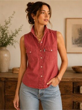 Carhartt Women's Sleeveless Muscle Tee Shirt Size Small Pink Snap Front Western
